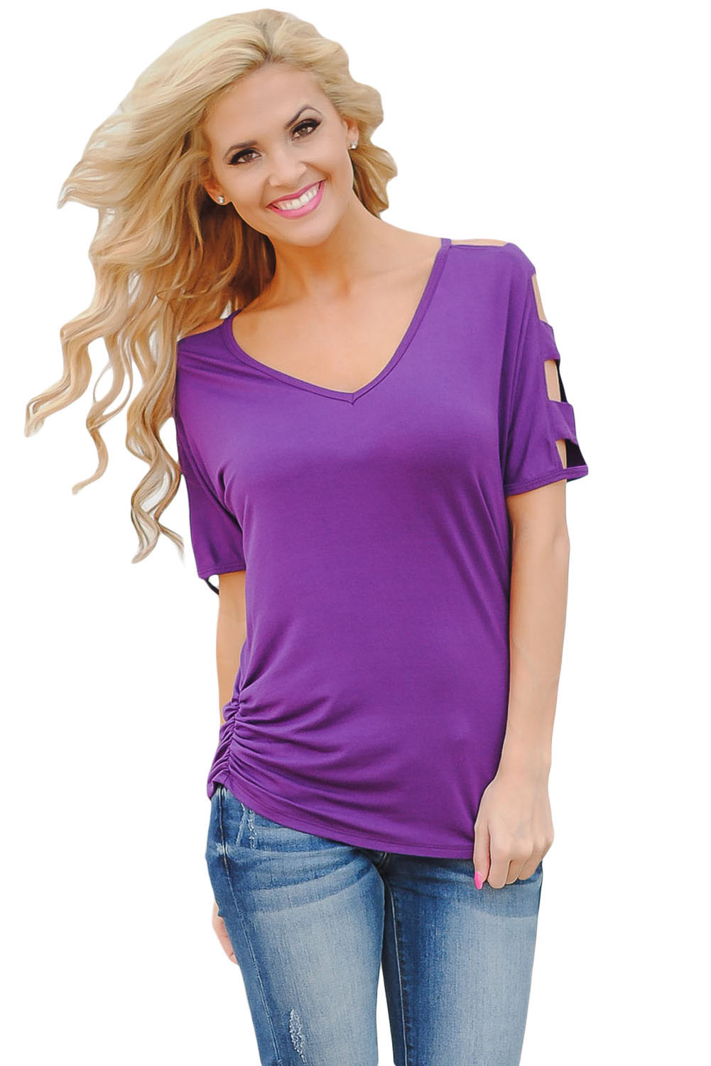 Download Womens Purple Cold Shoulder Ruched Sides T-shirt
