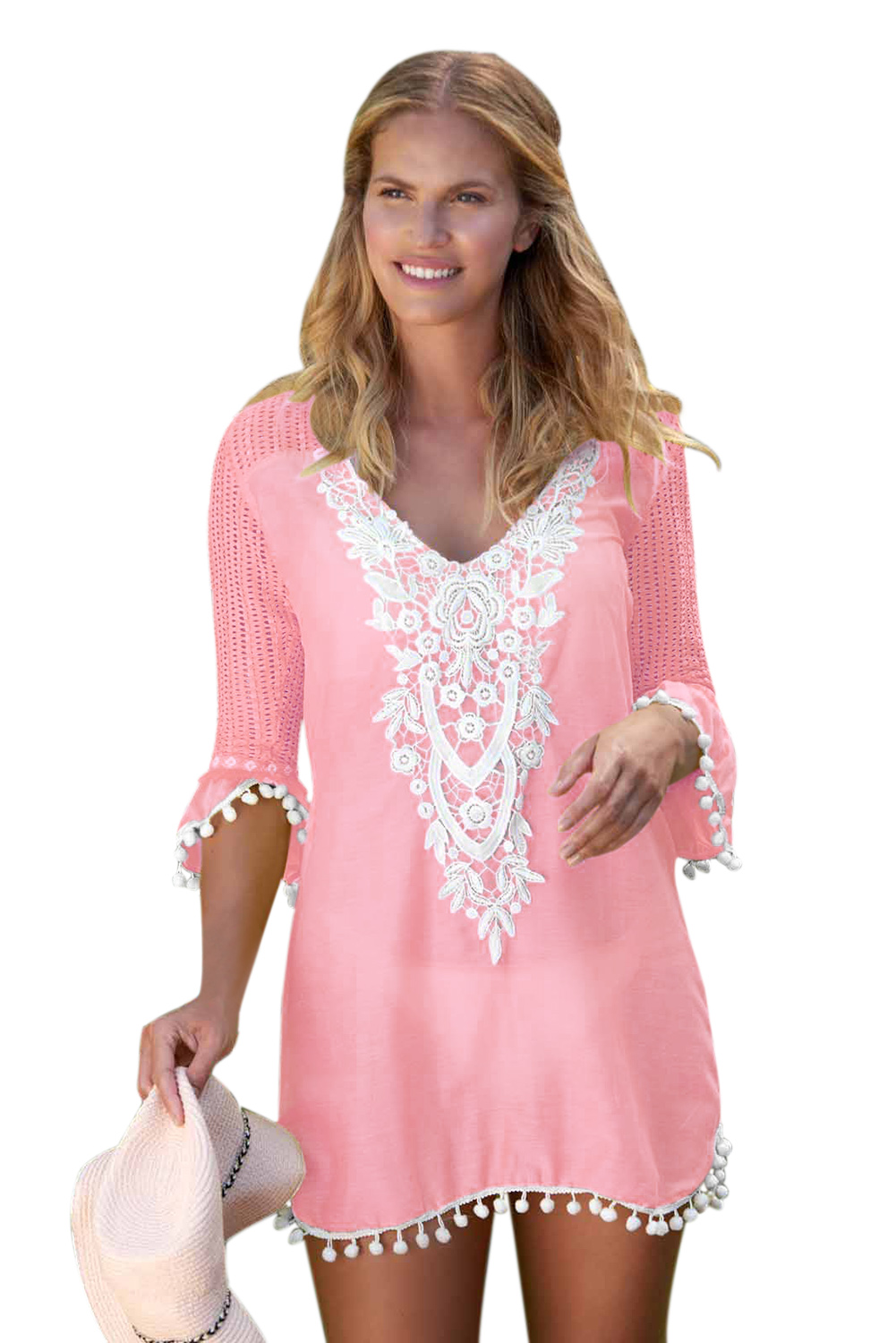 Trendy Pink Crochet Pom Pom Trim Beach Tunic Cover Up