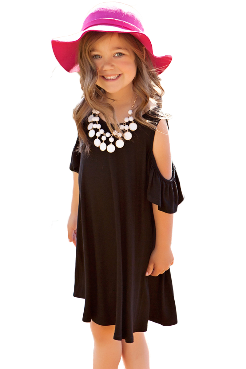 Wholesale Black Ruffle Cold Shoulder Dress for Little Girls
