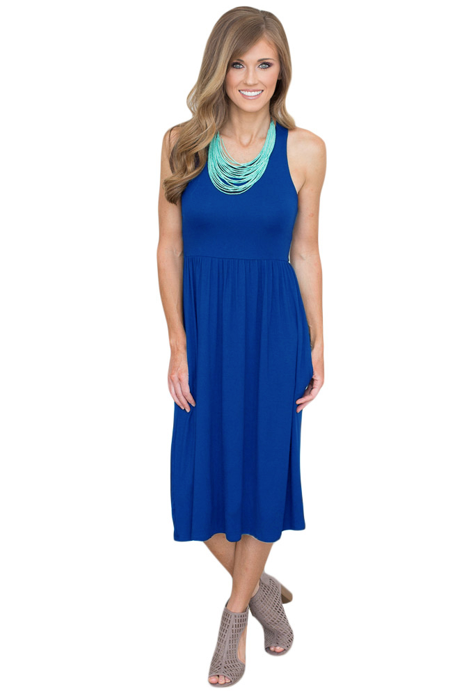 Sexy Summer Solid Racerback Midi Jersey Dress in Blue