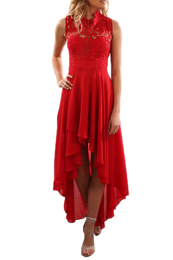 New Red Floral Lace Bodice High-low Prom Dress