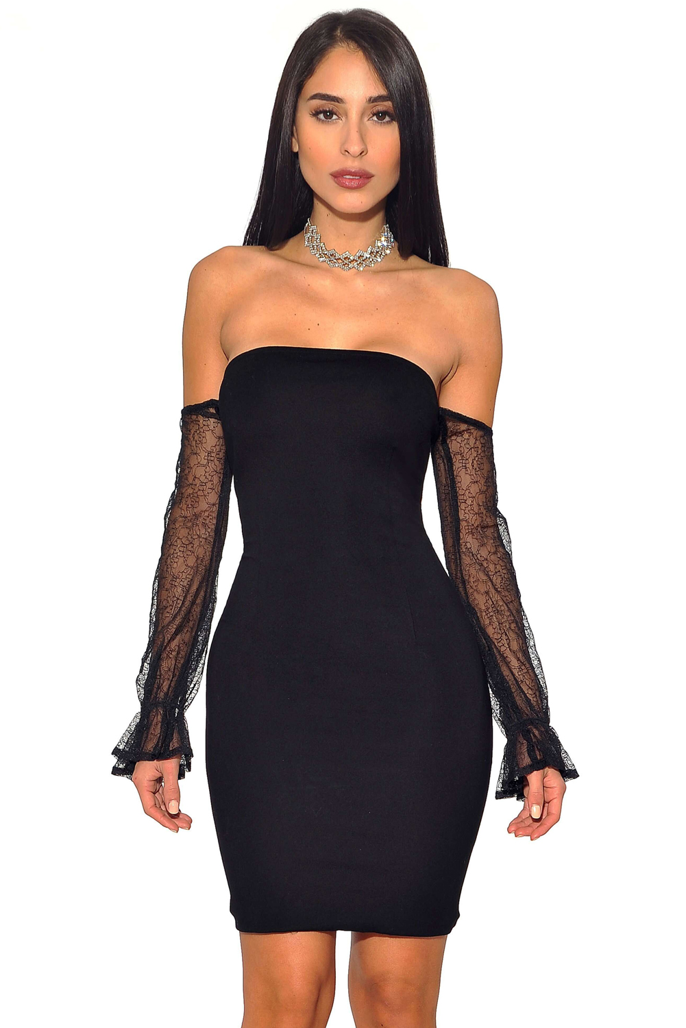 Black Strapless Mesh Off Shoulder Sleeve Stretch Bandage Dress