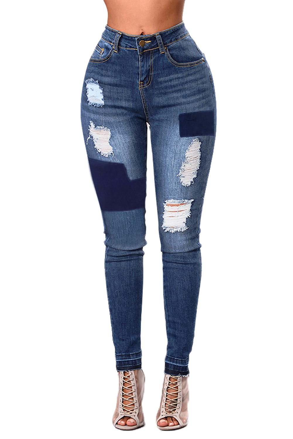 Blue Individual Patched Ripped Jeans for Ladies