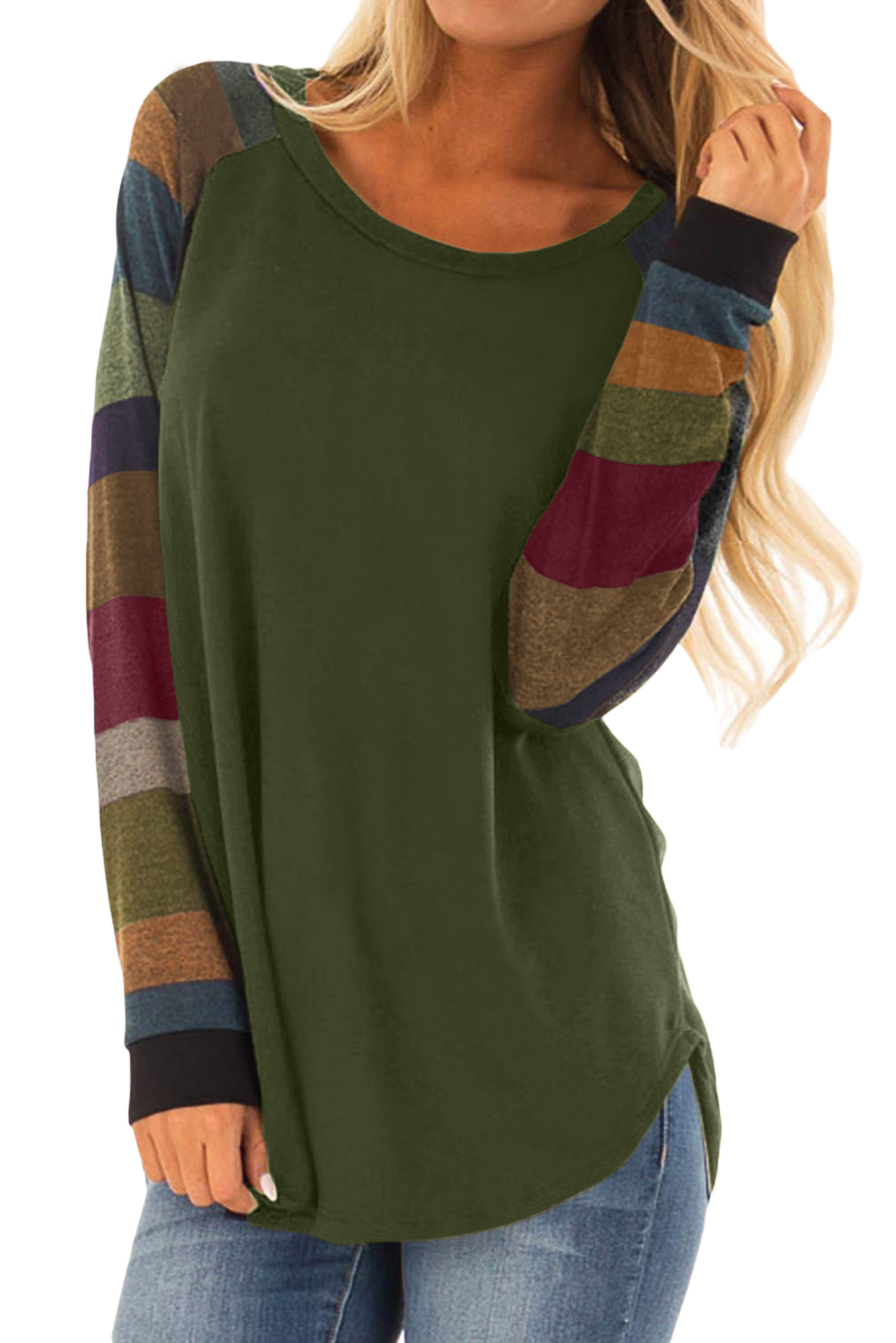 Hot Sale Color Block Long Sleeves Green Pullover Top