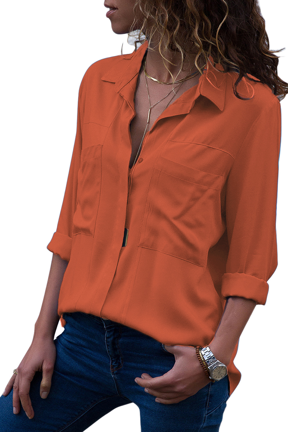 Hot Selling Orange Covered Placket Button Up Shirt