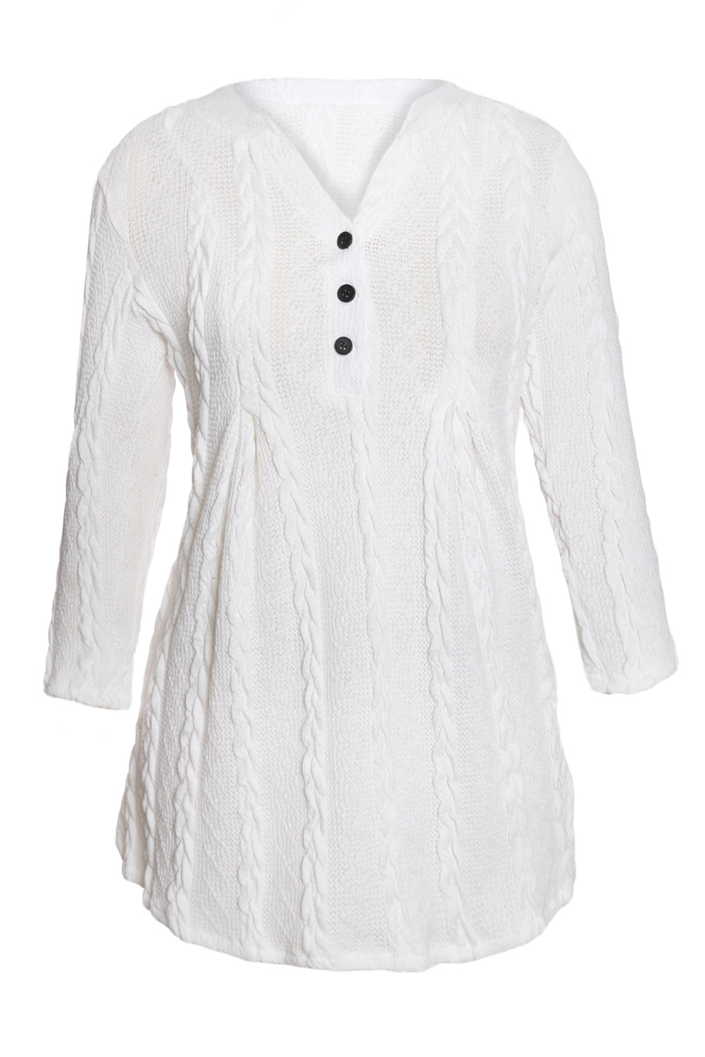 Trendy White Cable Knit Button Neck Swingy Tunic