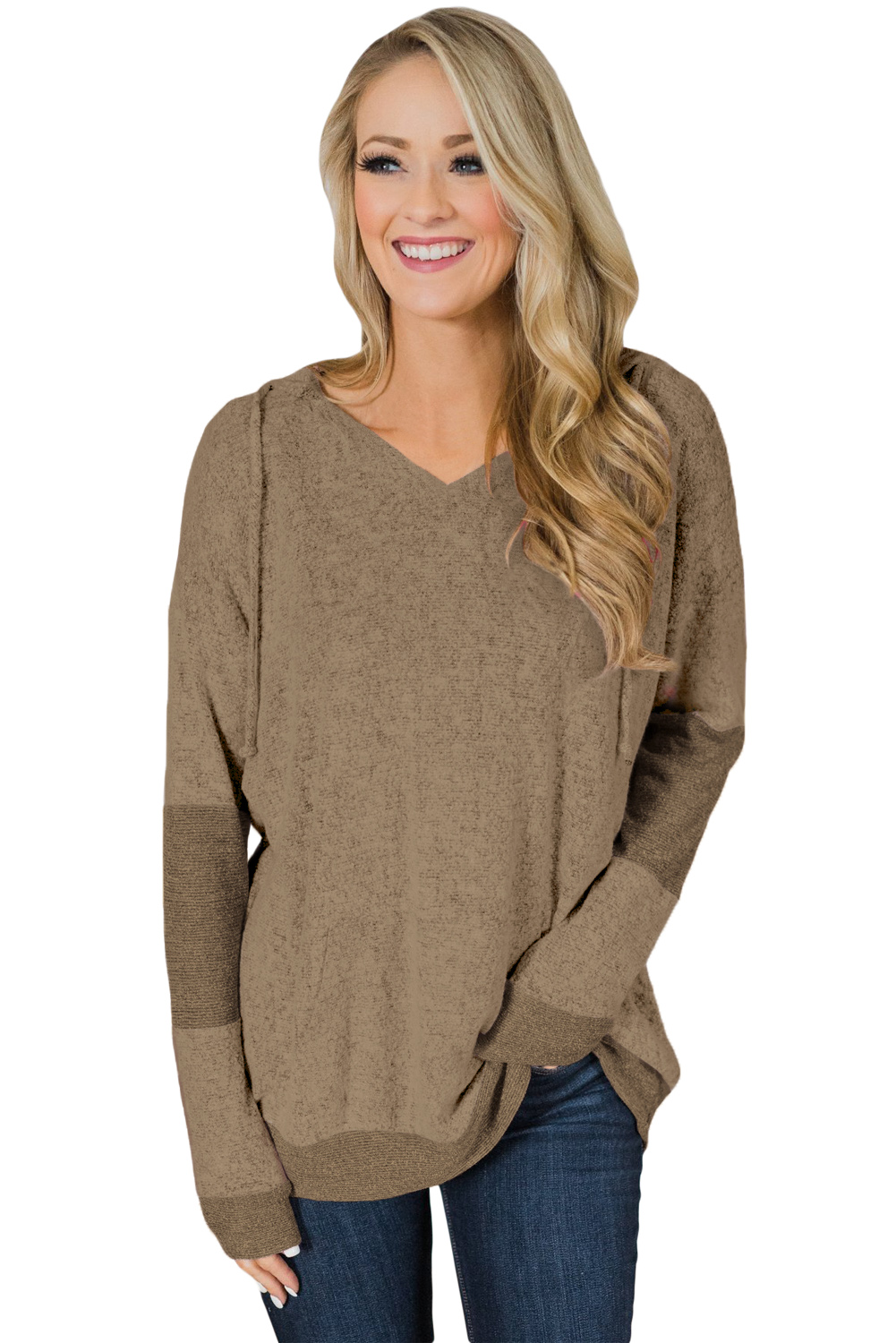 Wholesale Sweatshirts & Hoodies, Cheap Brown V Neck Patchwork Design Hoodie Online