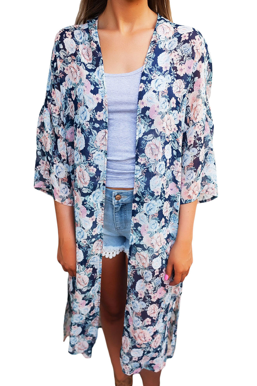 Dark Blue Floral Side Slit Boho Kimono Wholesale