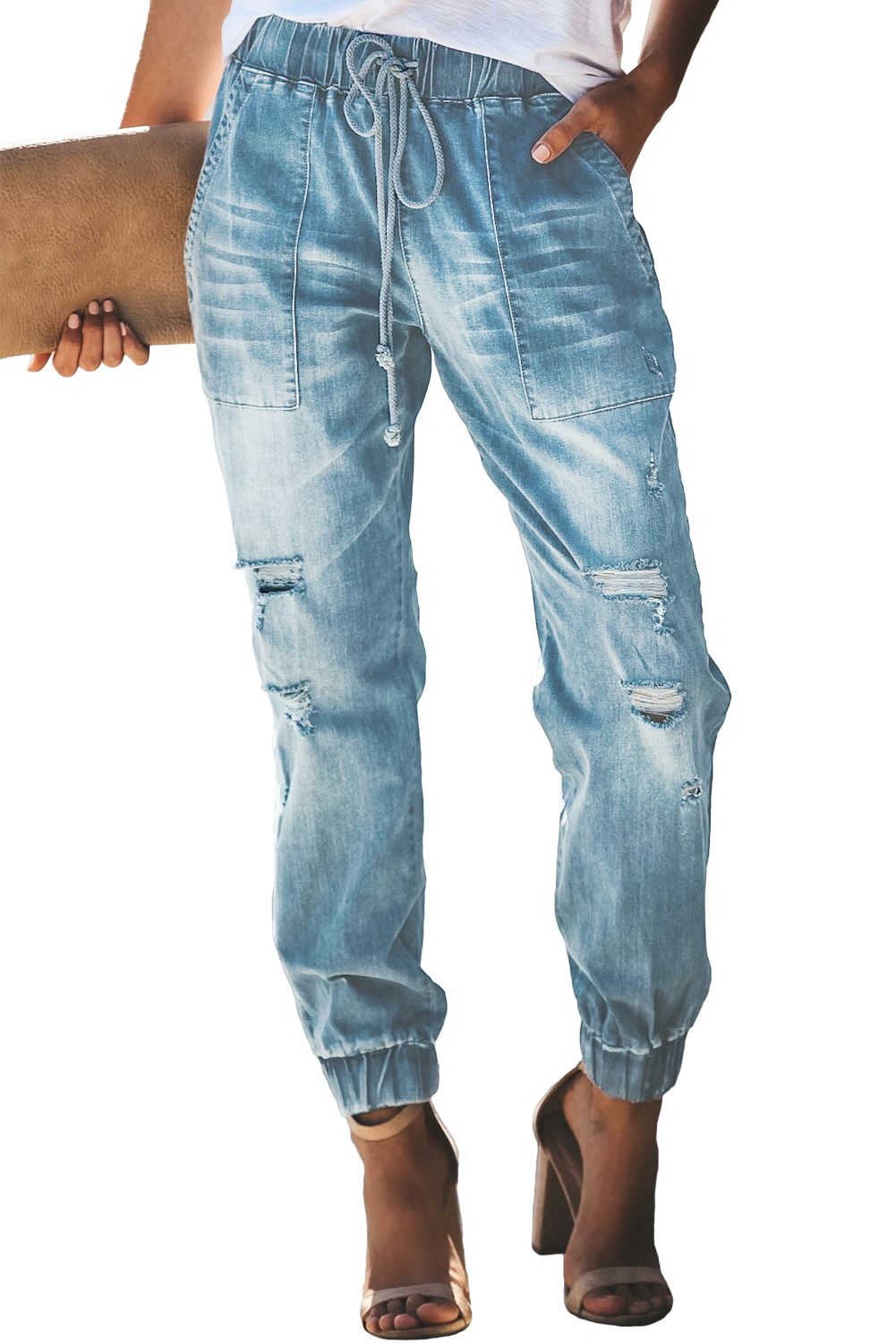 Wholesale Jeans, Cheap Sky Blue Distress Drawstring Pocketed Joggers Online