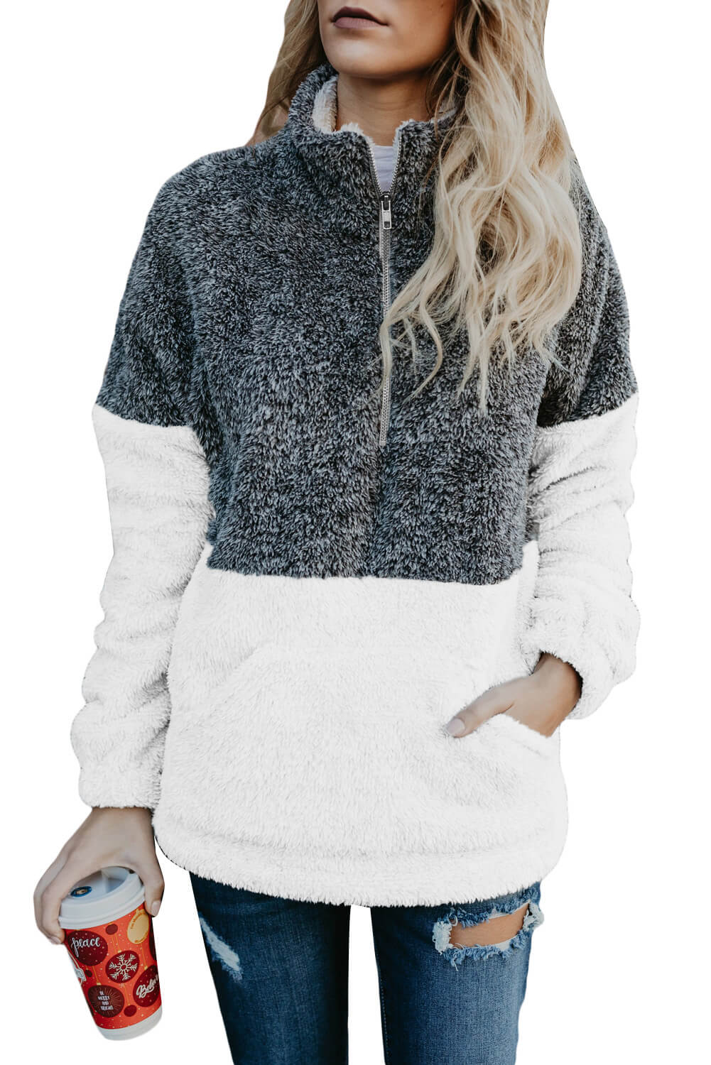 Wholesale Sweatshirts & Hoodies, Cheap Charcoal White Zip Neck Oversize ...