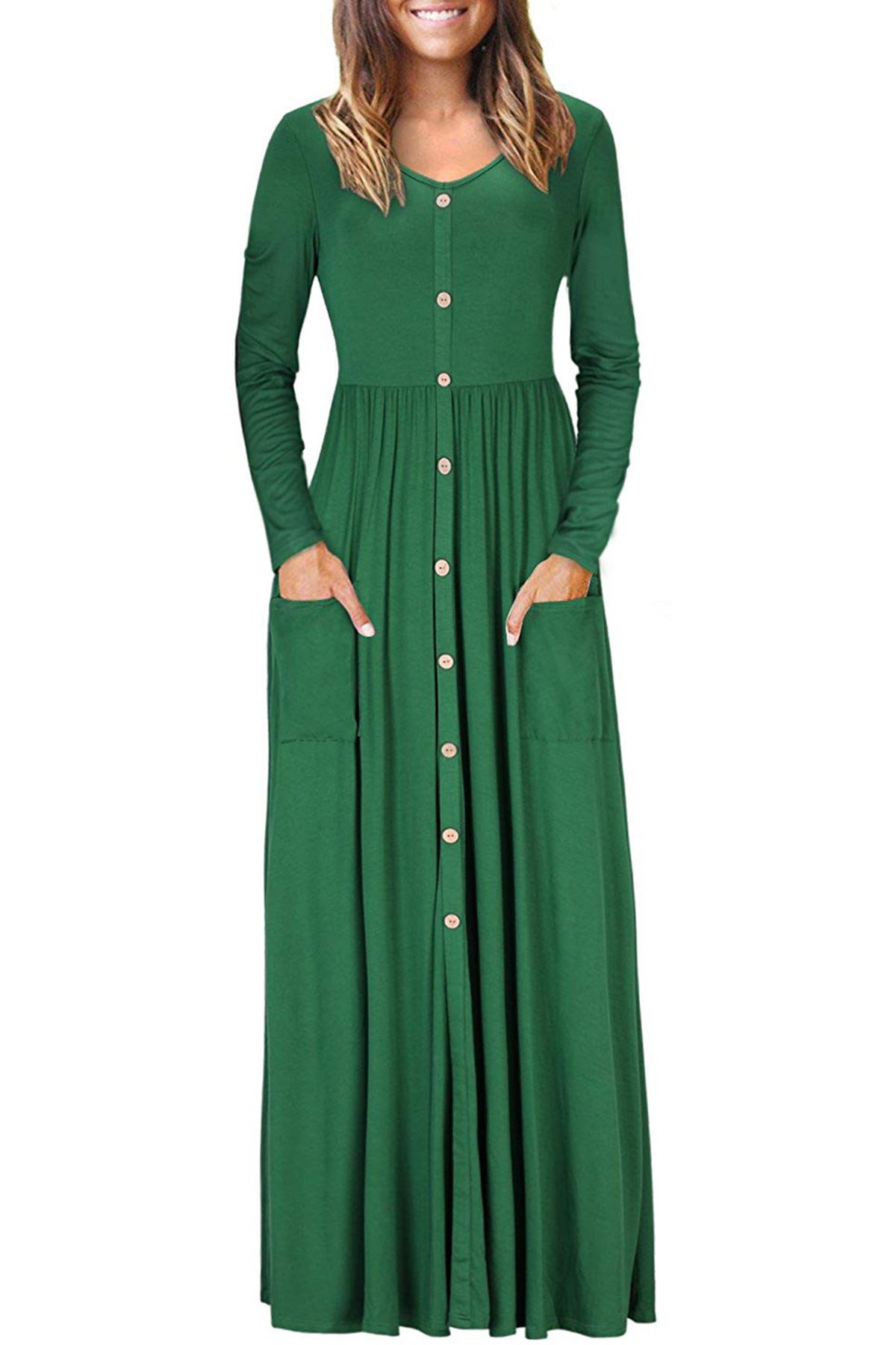 Nieuw Mode jager groen knop voorvak stijl casual lange jurk FR-49