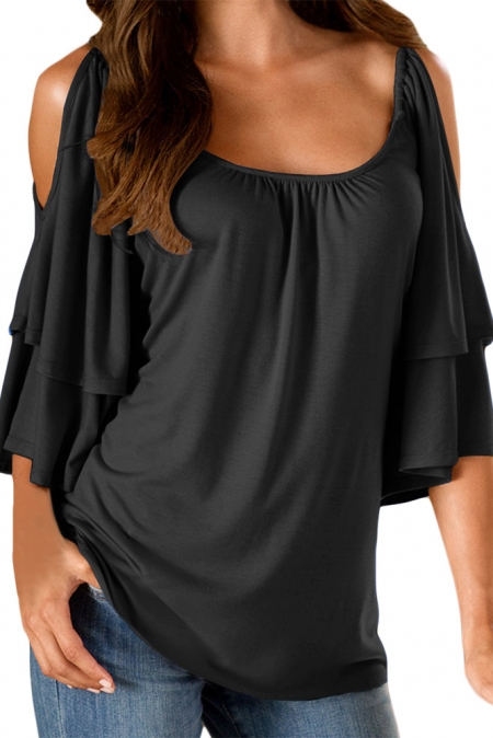 Wholesale Black Layered Sleeves Ruffled Off Shoulder Blouse