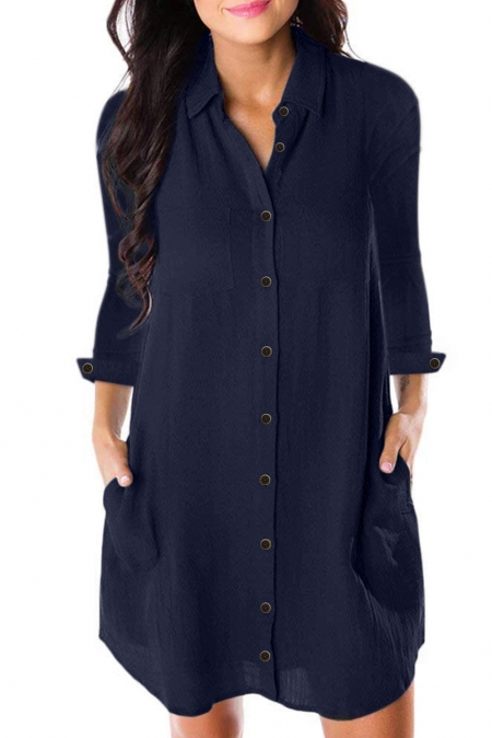 Fashion Navy Blue Long  Sleeve  Button Down Crepe  Shirt  Dress 