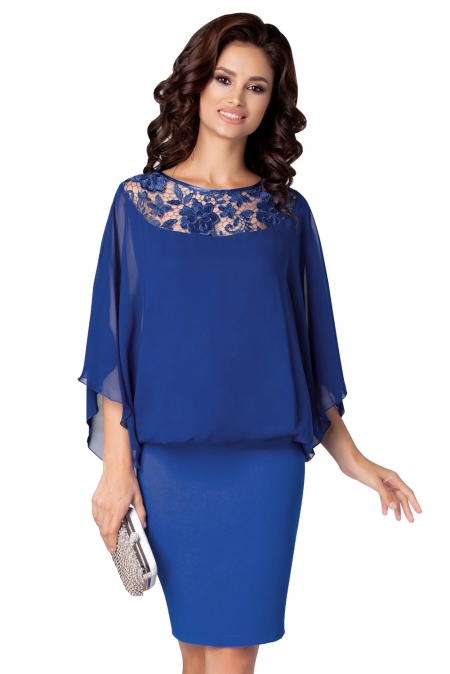 New Cobalt Blue Crochet Lace Detail Elegant Poncho Dress