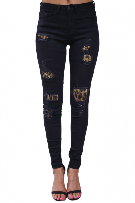 New Leopard Patch Detail Black Distressed Jeans